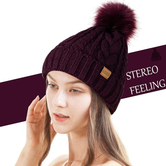 Womens Winter Warm Fleece Lined Knitted Soft Ski Cuff Beanie Hat with Pom Pom - Picture 2 of 6